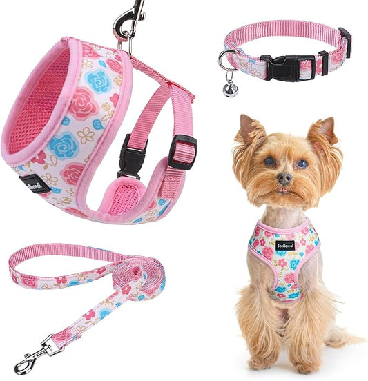 SCENEREAL Small Dog Harness Collar and Leash Set, Adjustable No Pull Pet Harnesses, No Chock Soft Mesh Step in Vest for Doggie Puppy Medium Dogs Cats Girl or Boy,Chihuahua, Yorkie, Outdoor Walking SCENEREAL