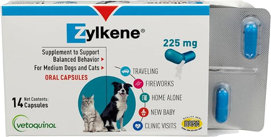 Vetoquinol Zylkene Behavior Support Capsules for Medium Dogs 33-65lbs, Calming All Natural Milk Protein Supplement, Helps Relieve Dog Anxiety During Fireworks and Thunder, 225mg Vetoquinol
