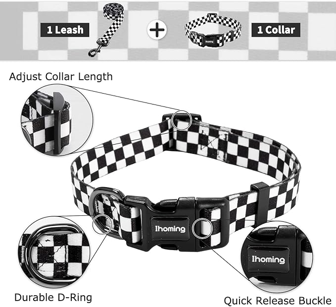 Ihoming Dog Collar and Leash Set for Daily Outdoor Walking Running Training, Chess Board Design for Large Boys Girls Dogs Cats Pets, L-Up to 80LBS Ihoming