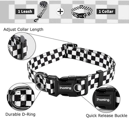Ihoming Dog Collar and Leash Set for Daily Outdoor Walking Running Training, Chess Board Design for Large Boys Girls Dogs Cats Pets, L-Up to 80LBS Ihoming