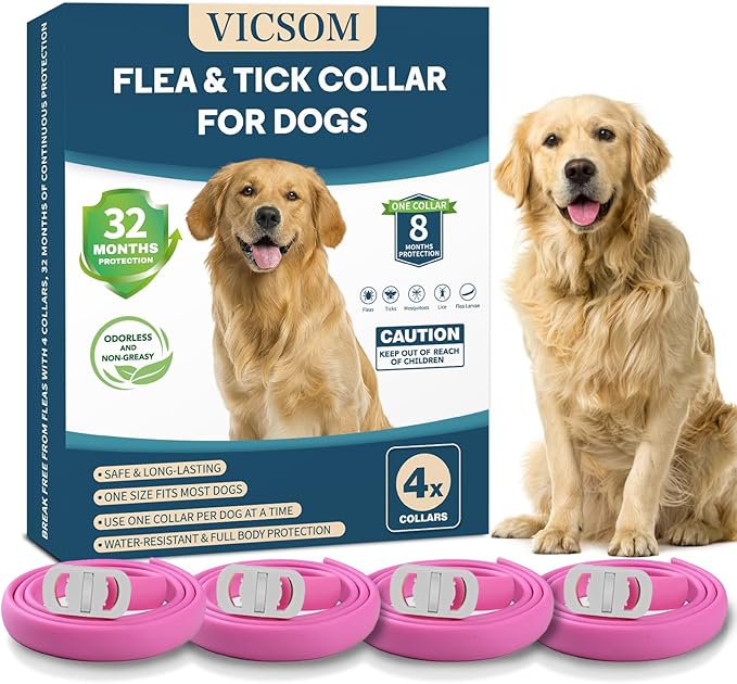 VICSOM 4 Pack Flea Collar for Dogs, Flea and Tick Collar for Dogs, 32 Months Flea and Tick Prevention for Dogs, Dog Flea and Tick Treatment, Water-Resistant & Adjustable Dog Flea Collar - Pink VICSOM
