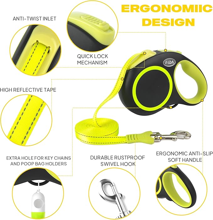 Fida Retractable Dog Leash, Reflective 16ft Heavy Duty Pet Walking Leash for Small/Medium Dog up to 26 lbs, Tangle Free. One-Hand Brake (Small, Neon Yellow) Fida