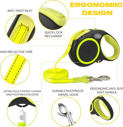 Fida Retractable Dog Leash, Reflective 16ft Heavy Duty Pet Walking Leash for Small/Medium Dog up to 26 lbs, Tangle Free. One-Hand Brake (Small, Neon Yellow) Fida