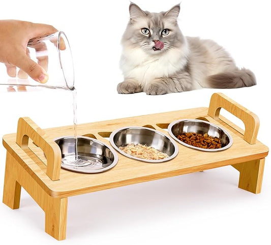Elevated Cat Food Bowl, 3 Stainless Steel Raised Cat Bowls with Stand, 15°Tilted Cat Bowl for Indoor Cats, Cat Food and Water Bowl Set, Anti Vomitting, Whisker Fatigue and Dishwasher Safe - Natural - PAWPICO