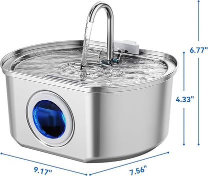 Cat Water Fountain Stainless Steel: 108oz/3.2L Cat Fountain for Drinking- Pet Water Fountain for Cats Inside - Automatic Cat Water Dispenser Bowl - Cat Feeding & Watering Supplies - Water Level Window - PAWPICO