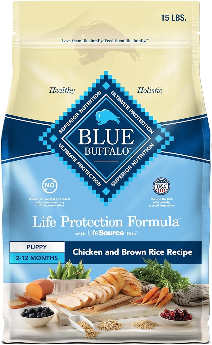 Blue Buffalo Dog Food for Puppies, Life Protection Formula, Natural Chicken & Brown Rice Flavor, Puppy Dry Dog Food, 15 lb Bag - PAWPICO