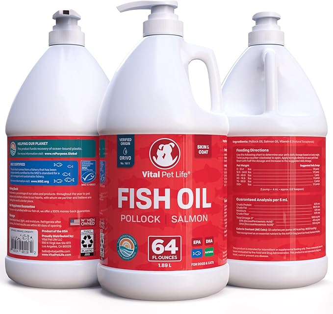 Fish Oil for Dogs - Healthy Skin & Coat, Salmon, Pollock, All Natural Supplement for Pets, Itching Scratching Allergy & Inflammation Defense, Omega 3 EPA DHA, Brain & Heart Health, 64 oz VitalPetLife