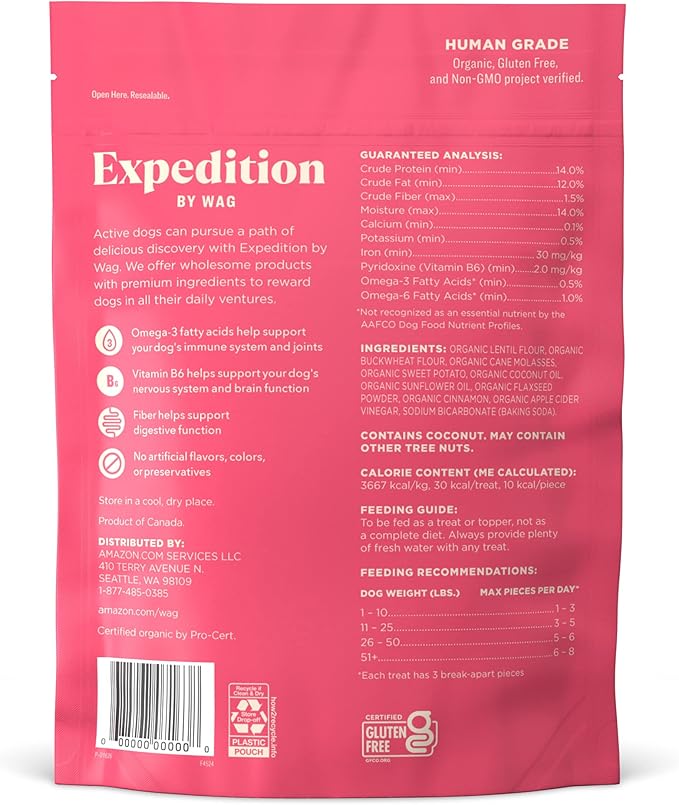 Amazon Brand - Wag Expedition Human Grade Organic Biscuits Dog Treats, Non-GMO, Gluten Free, Sweet Potato & Flaxseed, 10oz (Pack of 2) - PAWPICO