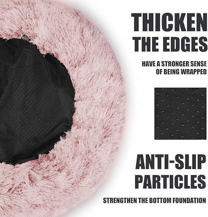 ShinHye Cat Bed Round Plush Fluffy Hooded Cat Bed Cave, Cozy for Indoor Cats or Small Dog beds, Soothing Pet Beds Doughnut Calm Anti-nxiety Dog Bed - Waterproof Bottom Washable, (23×23inch, Pink) - PAWPICO