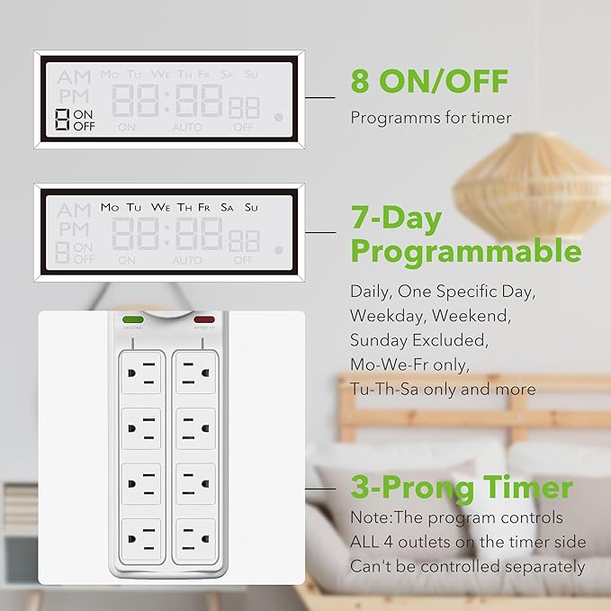 BN-LINK 8 Outlet Surge Protector with 7-Day Digital Timer (4 Outlets Timed, 4 Outlets Always On) - White BN-LINK