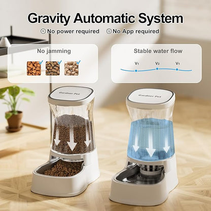 Automatic Pets Gravity Feeder and Water Dispenser Set, 1Gallon x 2 Stainless Steel Food Feeder and Waterer, 100% BPA-Free Water Bowl Dispenser for Small&Medium Dogs, Cats, Puppies(White) - PAWPICO