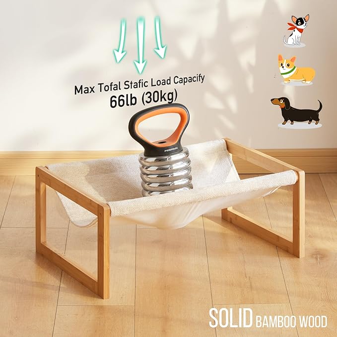 Elevated Cat Bed, Large Cat Hammock Bed, Bamboo Wood Cat Hammock for Outdoor, 25 X 16.5 Inch Elevated Pet Furniture Suitable for Kitty, Puppy, Rabbit, Bunny and Small Animal - PAWPICO
