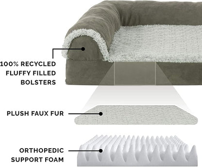 Furhaven Orthopedic Dog Bed for Large Dogs w/ Removable Bolsters & Washable Cover, For Dogs Up to 95 lbs - Two-Tone Plush Faux Fur & Suede L Shaped Chaise - Dark Sage, Jumbo/XL - PAWPICO