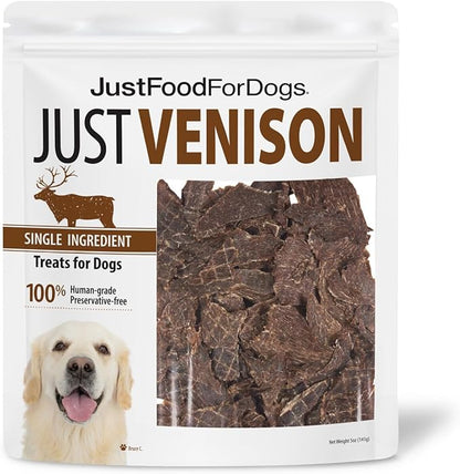JustFoodForDogs Venison Dog Treats, Single-Ingredient Healthy Dog Treats, Made in The USA, 5 oz - PAWPICO