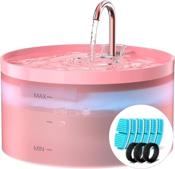 Pink Cat Water Fountain:with 6 Carbon Filters + 3 Sponge Filters - BEMOONY 108oz/3.2L Pet Water Fountain - Water Fountains Indoor Quiet Water Pump - Faucet Cat Fountain Suitable for Cats and Dogs - PAWPICO