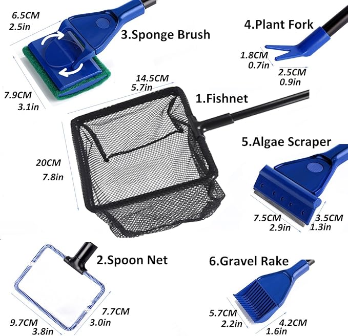 Aquarium Fish Tank Clean Set, Aquarium Cleaning Kit for Fish Tank Long Handle Fish Tank Brush Functional Six Cleaning Tools for Aquarium Telescopic Cleaning 6-in-1 JZMYXA