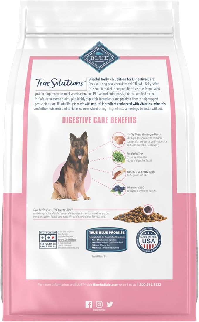 Blue Buffalo True Solutions Blissful Belly Digestive Care Natural Dry Food for Adult Dogs, Chicken, 4-lb Bag - PAWPICO