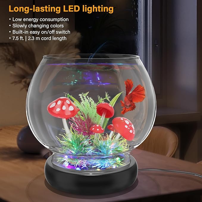 hygger 0.5 Gallon/1 Gallon Glass Fish Bowl with LED Light and Decor, Small Round Betta Fish Tank Goldfish Bowl, Round Clear Unbreakable Aquarium/Vase/Hydroponic Plant Terrarium, Nice Centerpieces hygger