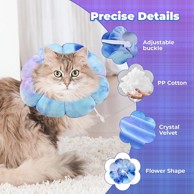 Flower Cat Cone, Uadonile Adjustable Cat Cone Collar, Soft Dog Elizabethan Collar Recovery E Collar After Surgery, Recovery E-Collar for Kittens/Puppies and Cats Recovery(Tie-dye Purple Blue, L) Uadonile