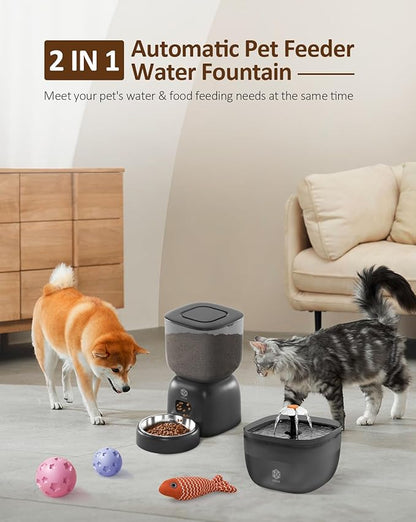 Automatic Cat Feeder and Water Dispenser Set with Pet Food Bowl Timer, Dual Power Supply, Programmable Portion Size, Auto Pet Feeder for Cats and Small Dogs, Voice Recorder, Black - PAWPICO