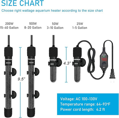 YukiHalu Small Submersible Aquarium Heater, Adjustable Mini Fish Tank Heater 25W 50W 100W 200W 300W with External Temperature Controller, LED Display, Used for 5/10/20/40/60 Gallons (25 Watts) YukiHalu