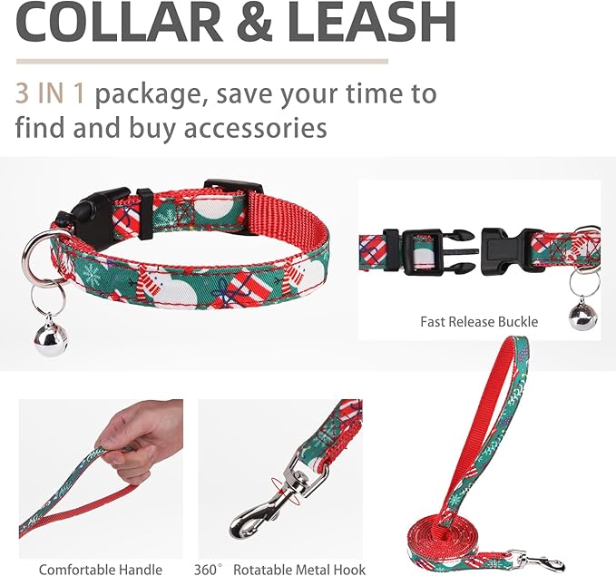 PUPTECK Adjustable Dog Harness Collar and Leash Set Step in No Pull Pet Harness for Small Medium Dogs Puppy and Cats Outdoor Walking Running, Soft Mesh Padded Reflective Vest Harnesses, Christmas, M PUPTECK
