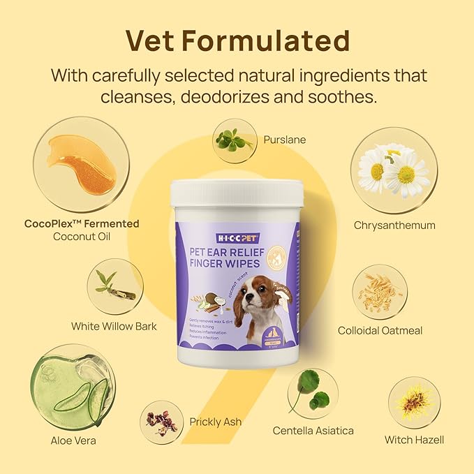 HICC PET Ear Finger Wipes for Dogs & Cats - Gently Remove Ear Wax, Debris - Sooths & Deodorizes - Relieve Ear Itching & Inflammation, Fresh Coconut Scent, All Natural Ingredients - 50 Count HICCPET