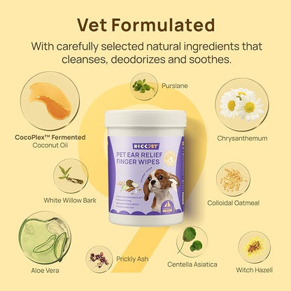 HICC PET Ear Finger Wipes for Dogs & Cats - Gently Remove Ear Wax, Debris - Sooths & Deodorizes - Relieve Ear Itching & Inflammation, All Natural Ingredients, Fragrance Free - 100 Count HICCPET