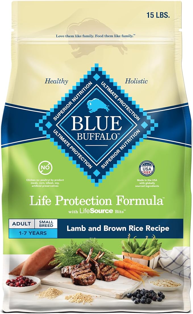 Blue Buffalo Life Protection Formula Adult Small Breed Dry Dog Food, Supports High Energy Needs, Made with Natural Ingredients, Lamb & Brown Rice Recipe, 15-lb Bag - PAWPICO