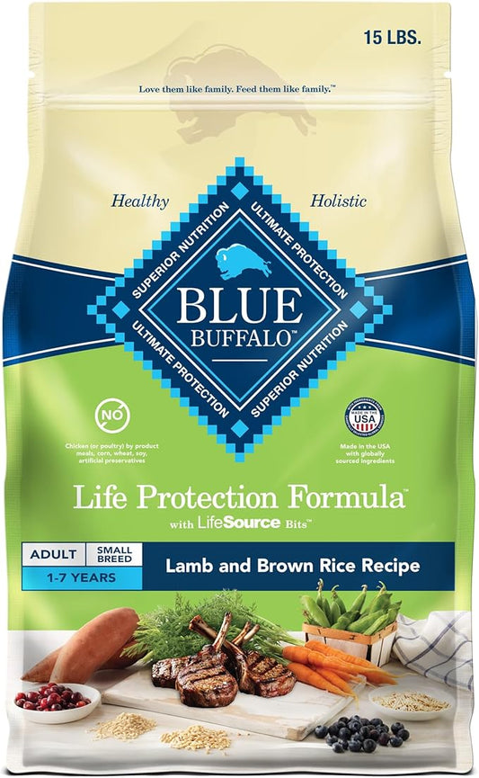 Blue Buffalo Life Protection Formula Adult Small Breed Dry Dog Food, Supports High Energy Needs, Made with Natural Ingredients, Lamb & Brown Rice Recipe, 15-lb Bag - PAWPICO