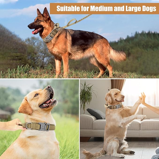 Tactical Dog Collar Leash Set, Adjustable Military Training Nylon Collar Dog Training with Control Handleand Metal Buckle, Dog Collar for Medium Large Dogs (Brown,XL) - PAWPICO