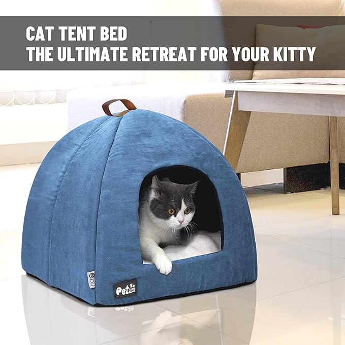 Cat Bed for Indoor Cats -Premium Pet Beds for Cats and Small Dogs, Cat Bed Cave, Comfortable Covered Cat Bed, Cat Tent, Kitten Bed, Small Animal Bed and Cat Hut with Cushioned Pillow (Large, Blue) - PAWPICO
