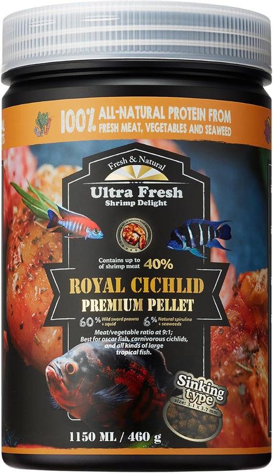 Ultra Fresh Cichlid Sinking Fish Food, Wild Sword Prawns, All Natural Ingredients, Carnivore Pellets for Large Cichlid and Tropical Fish, Royal Cichlid Premium Pellet 16 oz UltraFresh-ShrimpDelight