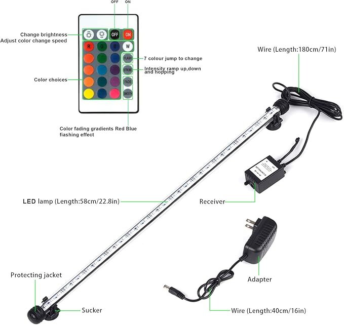 RGB Aquarium Lights, Colored Fish Tank Lights, Underwater LED Tank Lights IP68 Waterproof Color Changing Memory Dimmable Submersible Fish Aquarium Lighting Waterfall Lights, 23" S+SMIFUL