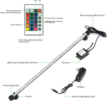 RGB Aquarium Lights, Colored Fish Tank Lights, Underwater LED Tank Lights IP68 Waterproof Color Changing Memory Dimmable Submersible Fish Aquarium Lighting Waterfall Lights, 23" S+SMIFUL