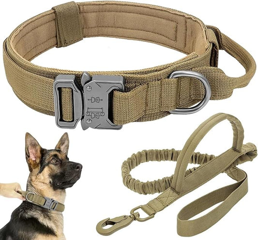Tactical Dog Collar Leash Set, Adjustable Military Training Nylon Collar Dog Training with Control Handleand Metal Buckle, Dog Collar for Medium Large Dogs (Brown,M) ANTSWISH