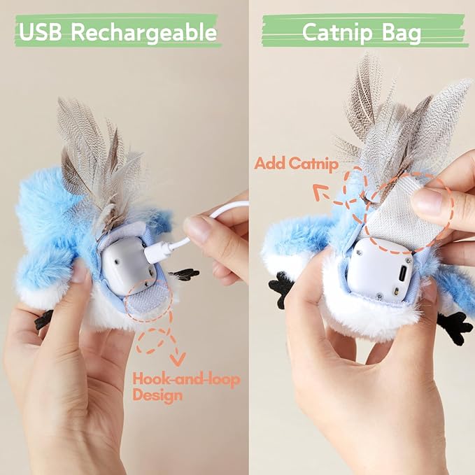 leafur Cat Toy Flapping Bird, Kitten Toys Touch Activated, Cat Enrichment Catnip Toys for Indoor Kitten (Mountain Bluebird Rechargeable) - PAWPICO