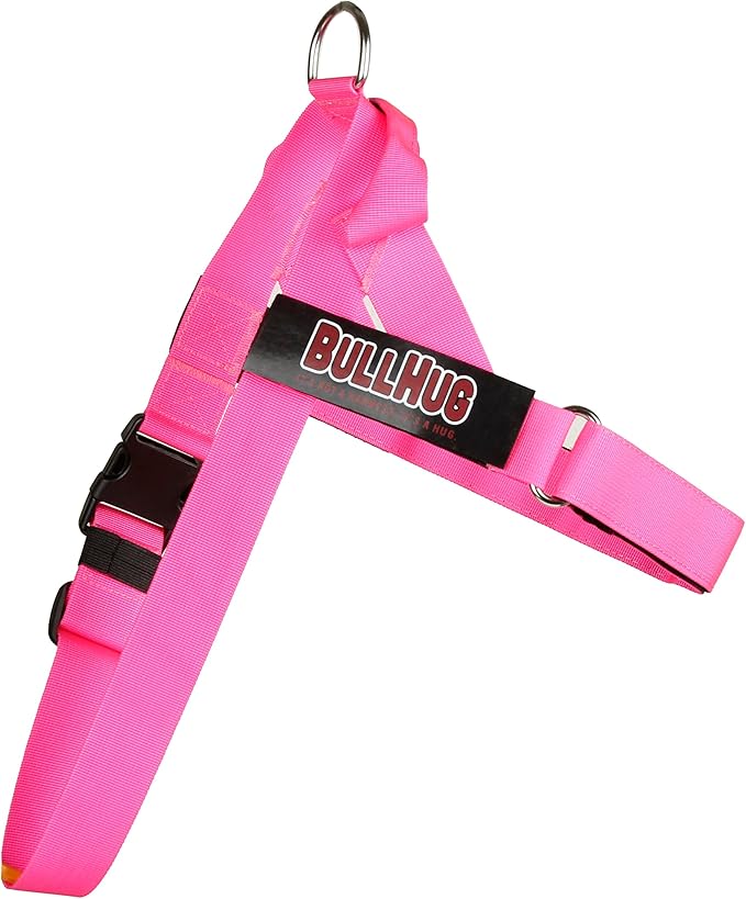 BULLHUG Harness – Made for Larger Chested Dogs Like English Bulldogs, French Bulldogs, Pugs & More. Stops Dogs from Pulling & Choking on Walks (NEON Pink, Large) BULLHUG