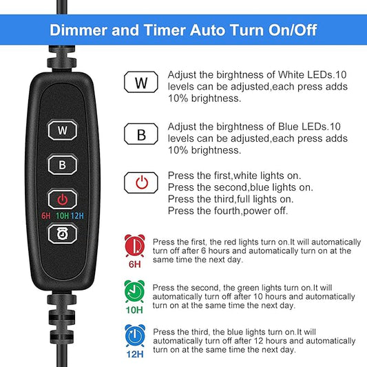 VARMHUS Submersible LED Aquarium Light,Fish Tank Light with Timer Auto On/Off Dimming Function,3 Light Modes Dimmable White-Blue,10 Brightness Levels Optional&3 Levels of timed Loop Function 7.5'' VARMHUS