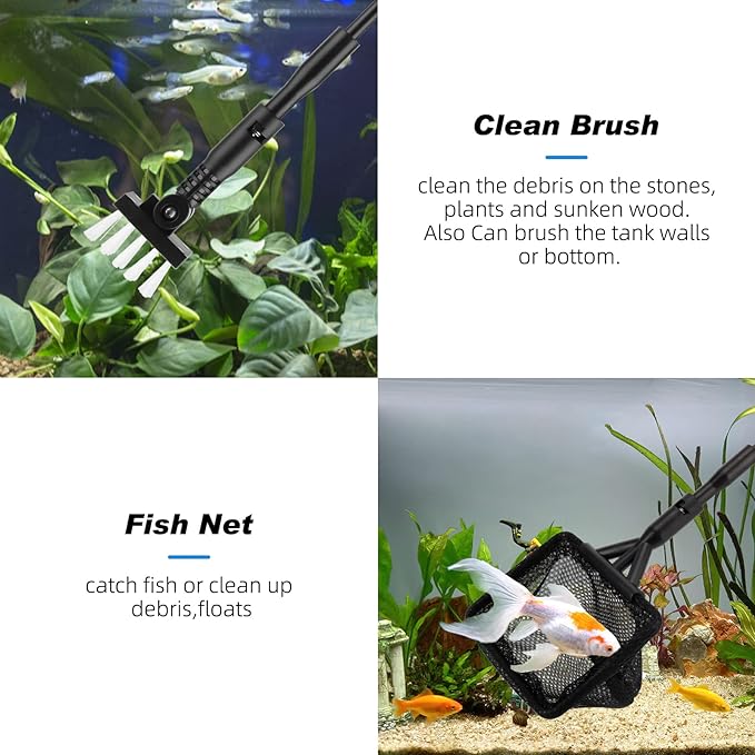 hygger Small Fish Tank Cleaner, Aquarium Cleaning Tools Kit with Handle, Seaweed Scraper, Fishing Net, Sponge Brush,Wall Brush (M) hygger
