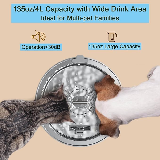 Cat Water Fountain,Automatic 134oz/4L Cat Fountain with Water Level Window,Dog Water Dispenser,Stainless Steel Pet Water Fountain,Quiet Pump,for Multiple Pets - PAWPICO