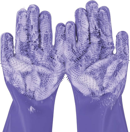 Pecute Pet Grooming Gloves, Large, Heat Resistant, Silicone Bathing and Massaging Gloves with High-Density Teeth and Enhanced Five Finger Design for Dogs and Cats, Purple - PAWPICO
