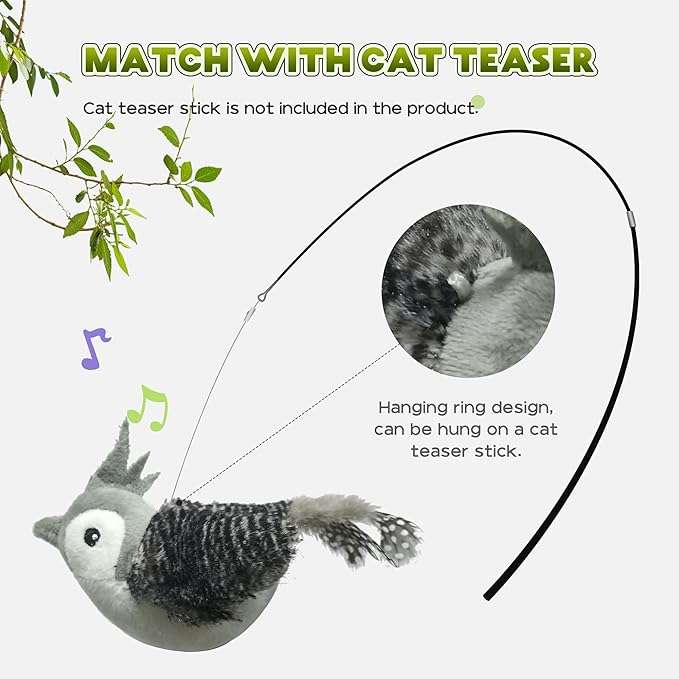 LEWISER Cat Toys Chirp Chickadee, Interactive Cat Feather Toys, Retractable Cat Teaser Toy, Hanging Toys for Indoor Cats Exercise, Kitten Kitty Fun Mental Physical Toys, Grey (1 Pack) - PAWPICO