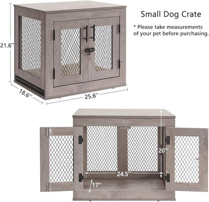 unipaws Dog Crate Furniture, Wooden Dog Kennel for Small Breed, Indoor Decorative Wood Dog Cage, Inside Side End Table Crate with Tray and Dog Bed for Puppy, Cats, Min Pigs, Rabbit, Up to 25 lbs - PAWPICO