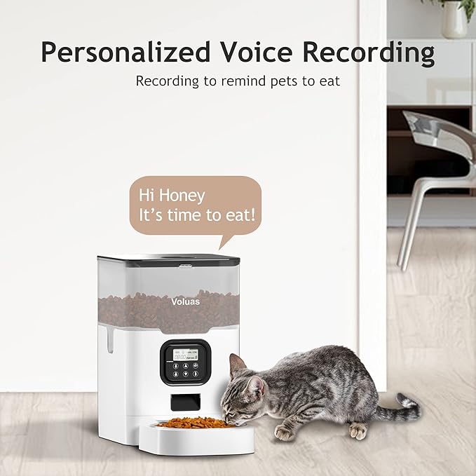 VOLUAS Automatic Cat Feeders - Dry Food Dispenser with Timer, Desiccant Bag, Programmable Portion Size Control 4 Meals Per Day, 10s Voice Recorder - PAWPICO