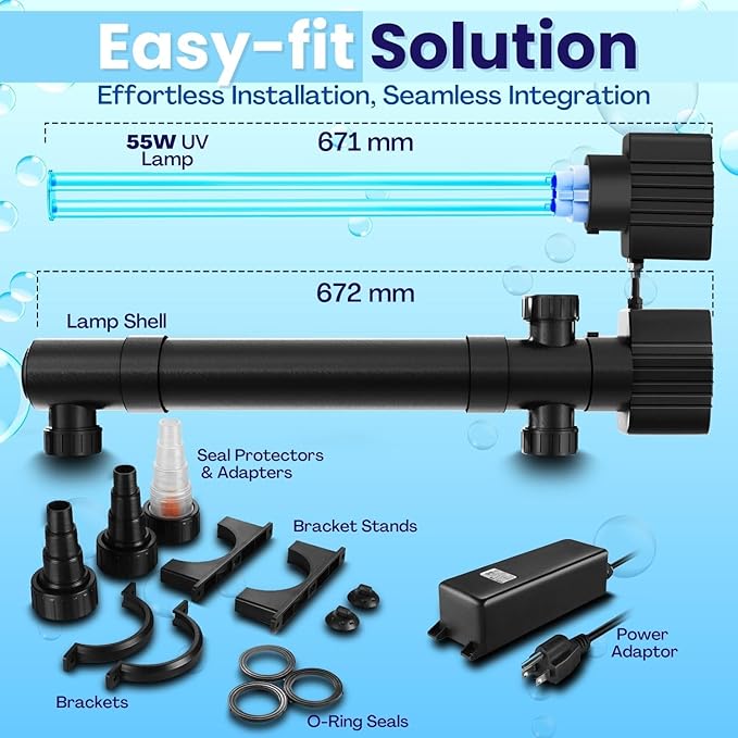 Flexzion UV Light for Pond - 55W XL Pond UV Light, 13209 Gal Capacity, 5000L/H UV Pond Clarifier for Outdoor Ponds, Clears Water in Days (CUV-155) Flexzion