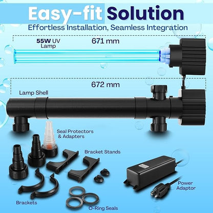 Flexzion UV Light for Pond - 55W XL Pond UV Light, 13209 Gal Capacity, 5000L/H UV Pond Clarifier for Outdoor Ponds, Clears Water in Days (CUV-155) Flexzion