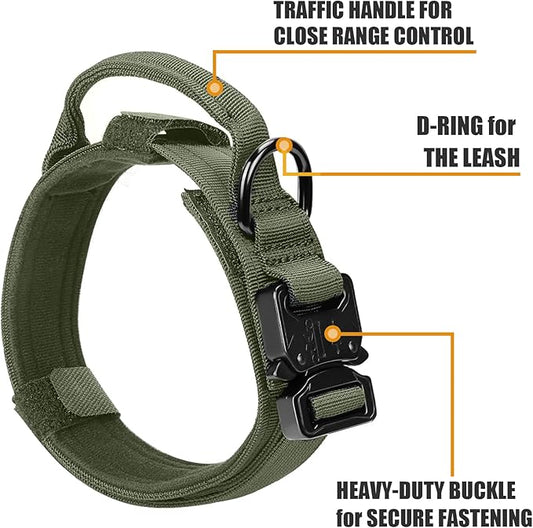 Tactical Dog Collar Military Dog Collar Adjustable Nylon Dog Collar Heavy Duty Metal Buckle with Handle for Dog Training,with Patches(Green, M) Celifelight