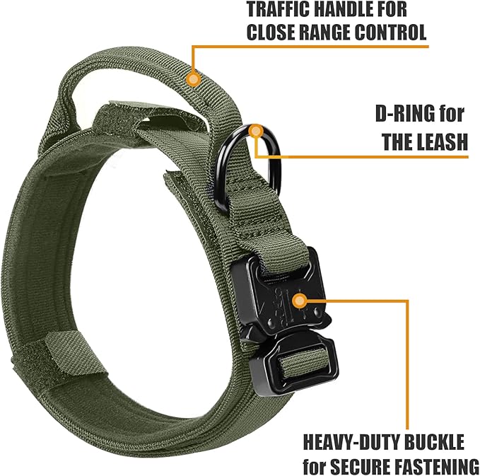 Tactical Dog Collar and Bungee Leash, Camo Military Dog Collar & Leash Set with USA American Flag Adjustable K9 Collar with Heavy Duty Metal Buckle & Handle,with Patches and Airtags Case (L, Green) Celifelight