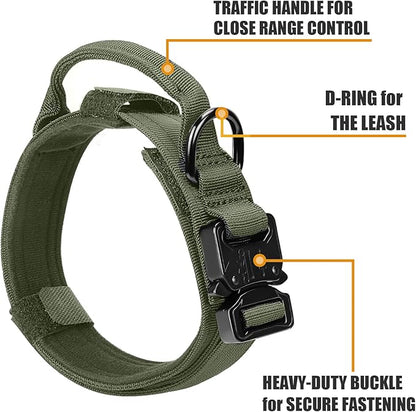 Tactical Dog Collar and Bungee Leash, Camo Military Dog Collar & Leash Set with USA American Flag Adjustable K9 Collar with Heavy Duty Metal Buckle & Handle,with Patches and Airtags Case (L, Green) Celifelight